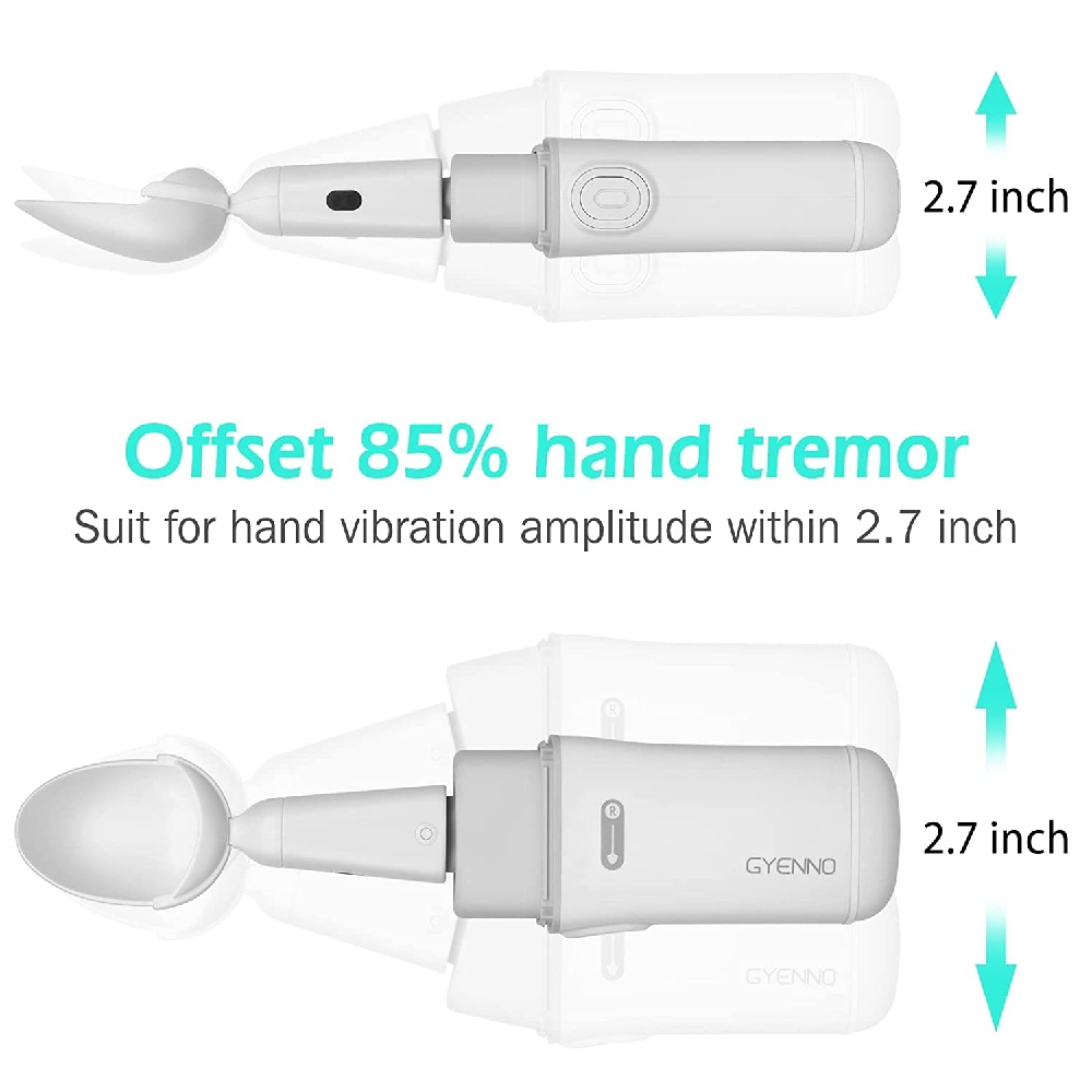 Gyenno smart spoon shown in two views with faded outlines and arrows marking a 2.7-inch range of hand movement